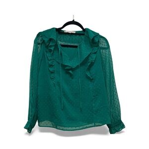 LOFT Green Ruffle Sheer Blouse XXSP Dot Mesh Long Sleeve Feminine Top